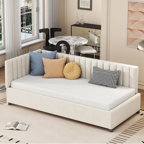 Tagesbett 90x200 cm Beige aus Samt mit Lattenrost und Kopfteil, multifunktional und wandelbar (1/5)
