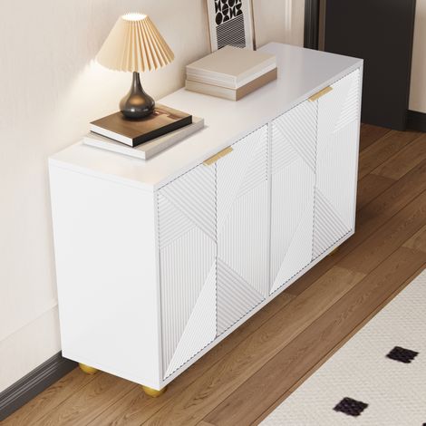 REDOM - Credenza 120x35x71,5 cm, 4 ante incise, ripiani interni regolabili, maniglie dorate, MDF bianco (1/5)