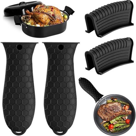 Paquete de 4 protectores de mango de silicona para sartenes de hierro fundido,ideales para utensilios de cocina. Color negro (1/5)