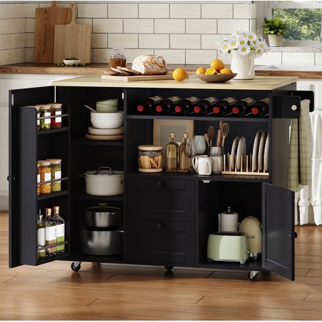 Isola da cucina mobile in MDF con piano ribaltabile, 2 cassetti, portabottiglie e ruote (1/5)