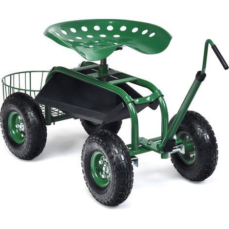 Chariot de jardin roulant vert en acier avec siège pivotant, poignée réglable et paniers de rangement pour jardin terrasse plein air (1/5)