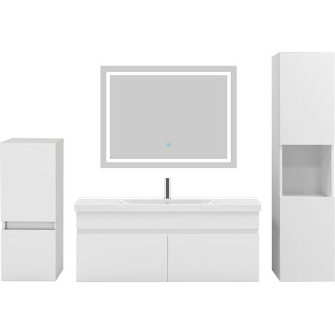 Acezanble Ensemble meubles Salle De Bain 100cm vasque + colonnex2 + miroir LED Blanc