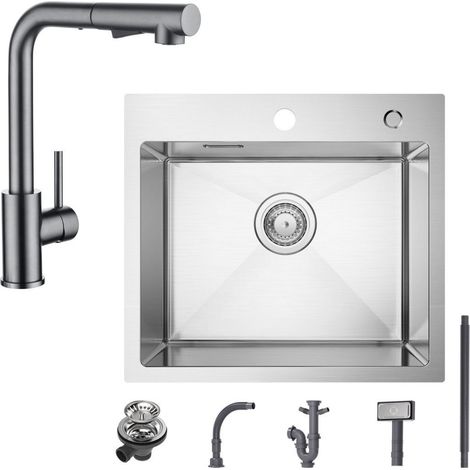 Fregadero de 1 seno 50×45CM Fregadero de acero inoxidable cepillado + grifo de cocina con 2 tipos de chorro Grifo para fregadero extraíble gris, altura 345 mm (1/5)