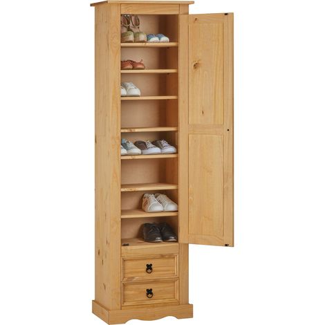 Idimex – Armoire en pin massif Tequila – 1 porte battante – 2 tiroirs – 7 étagères – Dimensions 190 x 53 x 38 cm – Finition cirée