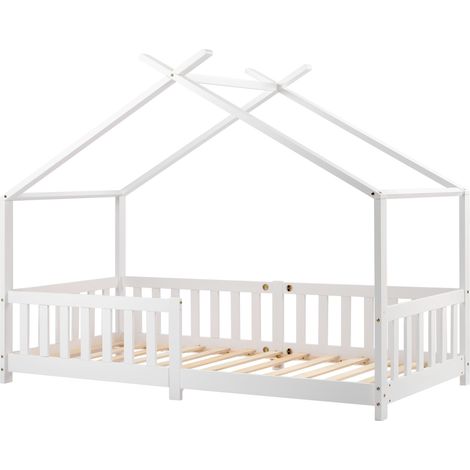 Lit cabane enfant 90x200 cm blanc avec barrière de sécurité, toit triangle stable, sommier à lattes, grand espace sous le lit, bois de pin FSC CHICFURN (1/5)