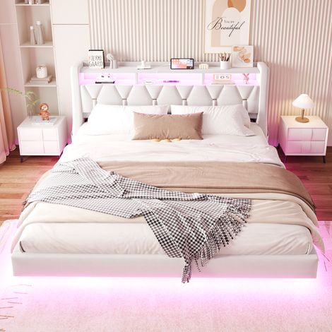 Lit rembourré 180 x 200 cm, tête de lit rabattable avec prise et compartiment de rangement, éclairage LED, tête de lit rembourrée, pieds de lit élargis, design de lit flottant, tissu velours beige (1/5)