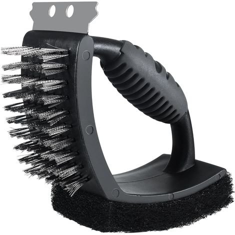 Spazzola per la pulizia del barbecue 3 in 1, raschietto in acciaio, paglietta, spazzola in filo di rame, kit per la pulizia del barbecue ad alta resistenza con manico isolato (nero)