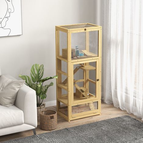 Cage pour hamsters ou petits animaux en bois 5 niveaux avec échelle niche balançoire 54 x 38 x 131 cm naturel (1/5)