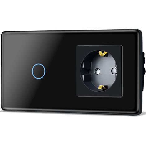 Interrupteur tactile avec prise standard UE 1 compartiment 1 voie - Interrupteur encastré avec plaque en verre incurvé 2,5D - 86 x 157 mm - Noir (1/5)
