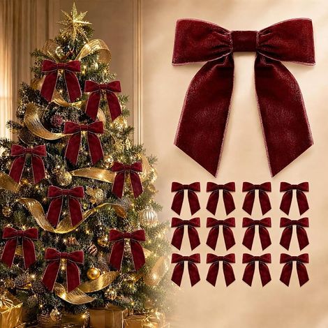 CNMTCCO Lot de 16 nœuds de Noël en velours rouge pour sapin de Noël, décorations de Noël de qualité supérieure, couronne, guirlande et emballage cadeau (12,5 x 11 cm) (1/5)