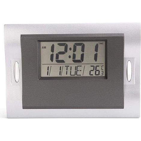 Horloge silencieuse de salon moderne, écran LCD, réveil électronique créatif, heure/date/semaine/température, horloge de table (gris) (1/4)