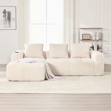 Sofá de 3-4 plazas - 253 x 158 x 61 cm - modular - 3 cojines incluidos - práctico - en terciopelo acanalado beige