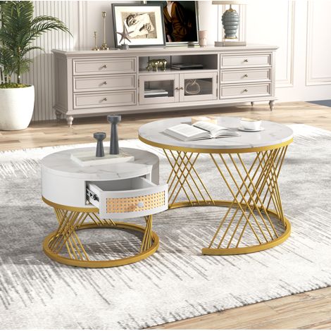 Lot de 2 tables basses rondes en MDF blanc, plateau décor marbre, tiroir en résine tressée, poignées bois, pieds métal doré, 70 x 70 x 45,5 et 50 x 50 x 38,5 cm FLORAGRACE (1/5)