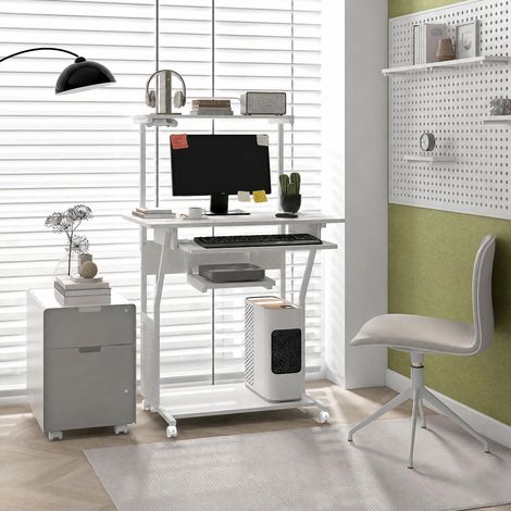 Bureau d'ordinateur roulant avec étagères de rangement, poste de travail et plateau pour clavier, 80x50x130cm, blanc (1/5)