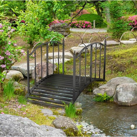 Ponte da giardino in acciaio 1,19 m con parapetti e motivo decorativo, nero (1/5)