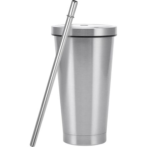 Edelstahlbecher – Doppelwandiger Becher – Für heiße und kalte Getränke – Inklusive Deckel und Strohhalm – 500 ml – Silberfarben (1/5)