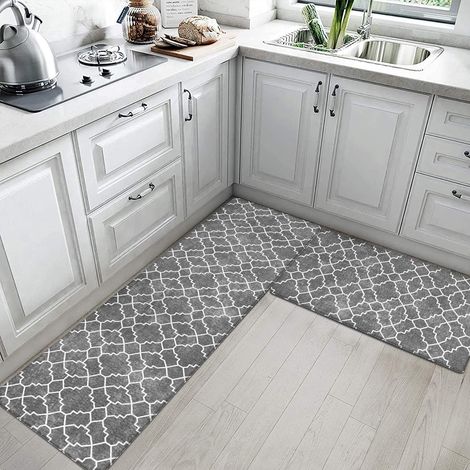 Kitchen PVC printed floor mat, long strip, waterproof and oil-proof, easy to clean, household leather rug - window lattice black - 40601.0cm