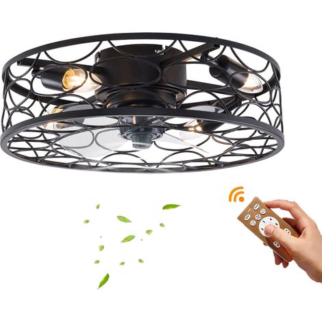 Plafonniers avec Ventilateur et Luminaire Style Industriel Fermier Ventilateur de Plafond 45cm Éclairage en Cage Métallique E27 avec Télécommande pour Chambre Cuisine Île Noir 4 Lumières (1/5)