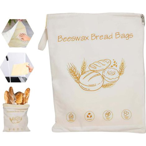Sac réutilisable en cire d’abeille avec fermeture éclair – Emballage alimentaire écologique, grand volume, en coton biologique – Idéal pour pain maison, pain au levain et pain frais