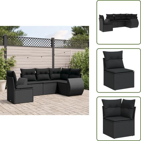 Salon de jardin 5 pcs avec coussins noir résine tressée - Ensemble Salon De Jardin - Mobilier Extérieur - Canapé Jardin - Chaise Lounge - Table Basse (1/5)