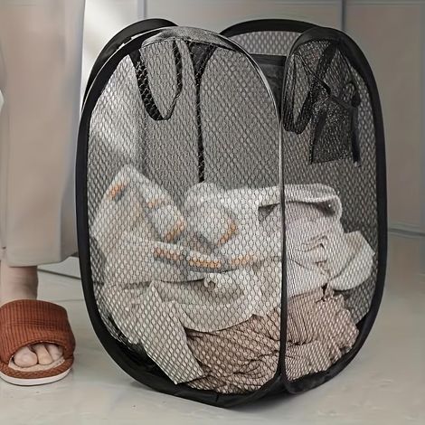 1 panier à linge pop-up en maille avec poignées ergonomiques - Panier de rangement pliable en tissu pour buanderie, salon, salle de bain, chambre à coucher - Haute capacité - Sans rembourrage - Panier (1/5)