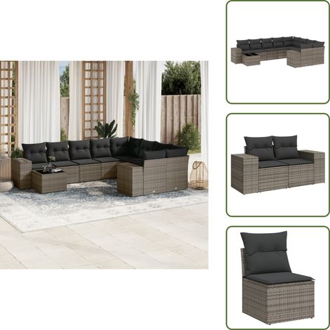 10-tlg. Garten-Sofagarnitur mit Kissen Grau Poly Rattan - Gartenmöbel - Esstischgarnituren - Outdoor Möbel - Lounge Set - Rattan Gartenmöbel