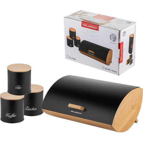 Küchenset: Brotkasten und 3 Behälter für Kaffee, Tee, Zucker, Florina Elegant, schwarz