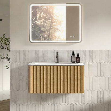 Meuble vasque suspendu 80 cm avec miroir LED 60 × 80 cm, couleur chêne (1/5)