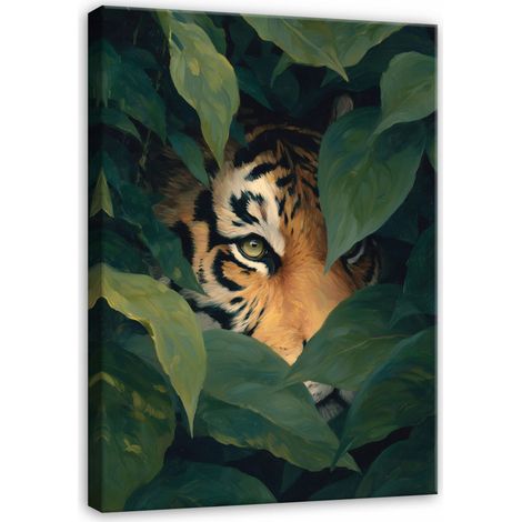 Peinture tigre animaux jungle feuilles pour chambre salon sur toile 120x80 (1/3)