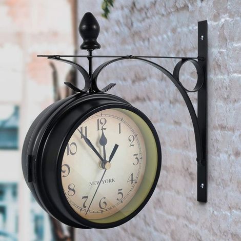Horloge murale double face rétro européenne – Fer forgé avec finition de cuisson – 24 x 21 cm – Décoration vintage intérieure et extérieure (1/5)
