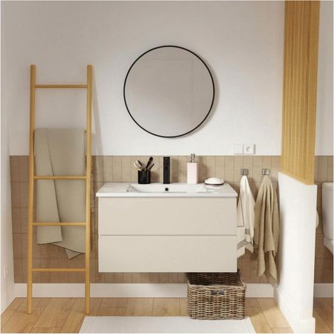 Einzelwaschtisch 80 cm, Eichenoptik, mit Armatur und Spiegel, SORRENTO