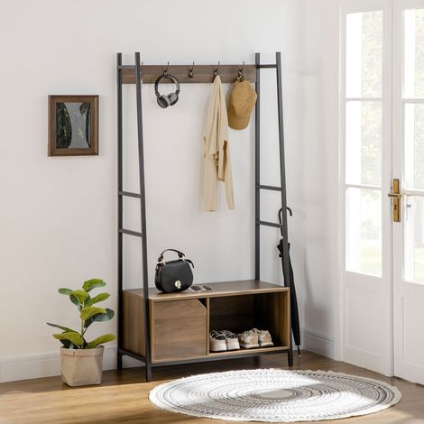 HOMCOM Garderobenständer mit Schuhablage und Sitzbank, Flurmöbel mit 5 Haken für den Eingangsbereich, 84 x 40 x 169 cm, Rustikales Braun (1/5)