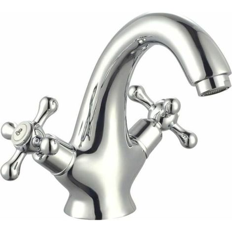 Waschtischarmatur, feststehend, verchromt, Retro-Stil, mit wassersparendem Luftsprudler und inklusive Ablaufgarnitur (1/4)