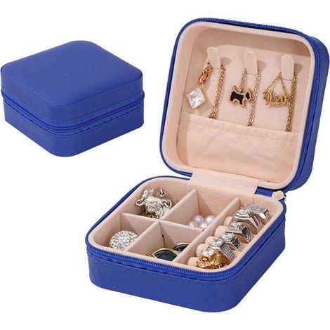Boîte à bijoux de voyage, bleue, en cuir PU imperméable, fermeture éclair sécurisée, petite taille 10 x 10 x 5 cm (1/2)