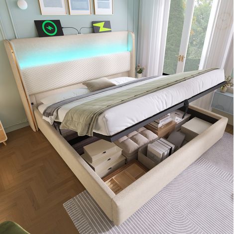 Lit coffre 140 x 200 cm avec éclairage LED, ports USB/Type-C, tête de lit haute, beige HAVRYA (1/5)