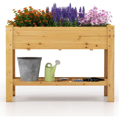 Aiuola da giardino in legno rialzata, Fioriera con gambe e ripiano contenitore per erbe Naturale