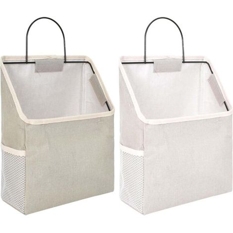 2-Piece Wall Hanging Storage Bag Set, Cotton and Linen Storage Basket with Hook, Wall-Mounted Storage Pocket with Metal Frame, Grey and White Hanging Wall Organizer