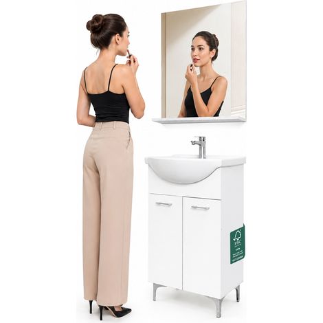 Set Completo Mobile da Bagno da Terra 55 cm Due Ante Bianco Specchio e Accessori (1/5)