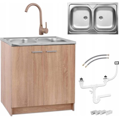 STAMAR  Küchenunterschrank - 80 cm - Eiche Sonoma - Komplettset mit Spüle und Armatur - Modern und Funktional