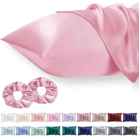 Lot de 2 taies d'oreiller satin 50x75 cm rose avec chouchous (1/5)