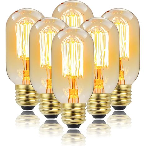 Vintage Edison T45 Glühbirnen, E27-Sockel, dimmbar, 40 W, 6er-Pack, Glühlampe, gerader Glühfaden, Bernsteinglas, warmes Gelb 2200 K, für dekorative Wohnraumbeleuchtung (1/4)
