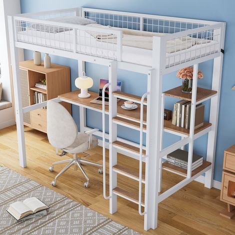 Cama Alta 90x200 Cm Estructura Metal Y Madera Escritorio Y Baldas (1/5)