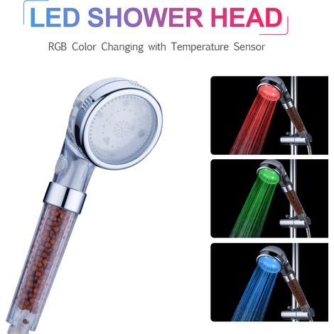 Cabezal de ducha LED autónomo con sensor de temperatura, cabezal de ducha iluminado multicolor sin pilas, ABS ligero (231 g). (1/5)