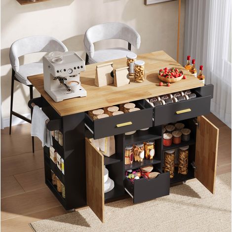 Isola cucina 120x45(71)x90 cm con piano ribaltabile, 3 cassetti, porta spezie e ruote, MDF - nero (1/5)