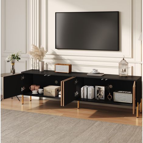 Mobile TV in pannello di particelle nero e naturale con 4 ante, gambe in metallo oro, 179x35x53,5 cm (1/5)
