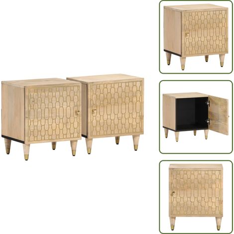 Comodino con motivo intagliato - vidaXL Comodini 2pz 40x33x46 cm in Legno Massello di Mango - Comodino in legno naturale