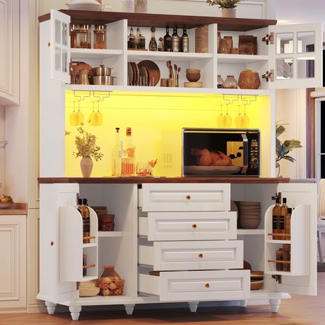 Highboard de cuisine avec LED RGB, 4 tiroirs, étagères réglables, porte-verres en métal et pieds en bois, meuble de rangement blanc CHICFURN (1/5)