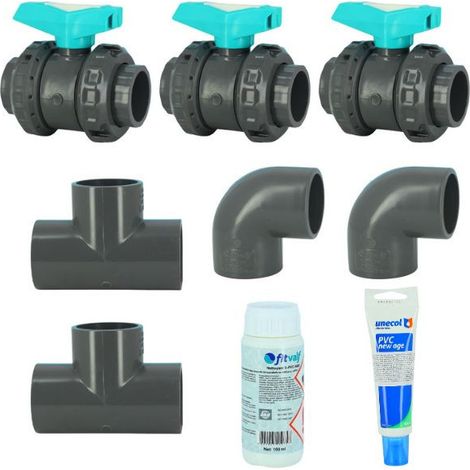 Accessoire pour pompe à chaleur de piscine – Kit de raccordement Ø50 – 2 coudes femelle 90° – 2 tés femelle 90° – 3 vannes – Colle PVC