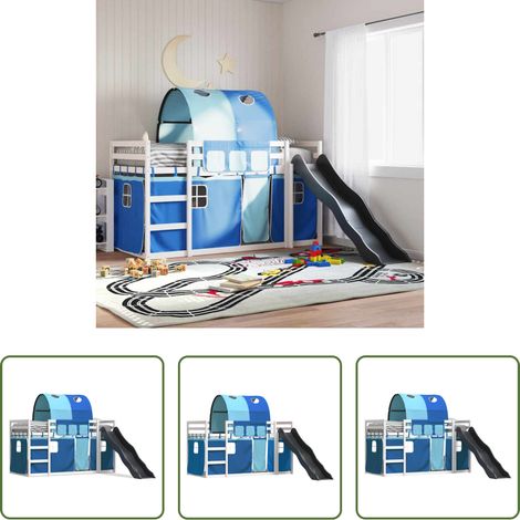 vidaXL Holzbett - Etagenbett mit Rutsche und Gardinen Blau 90x200 cm (1/5)