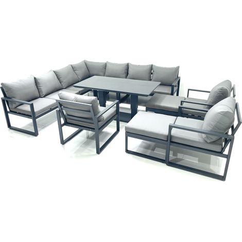 Fimous 12 Seater Outdoor Aluminum Garden Furniture Set Corner Sofa 3 Chair 2 Big Footstools Adjustable Rising Lifting Dining Table Sets Dark Grey (1/5)